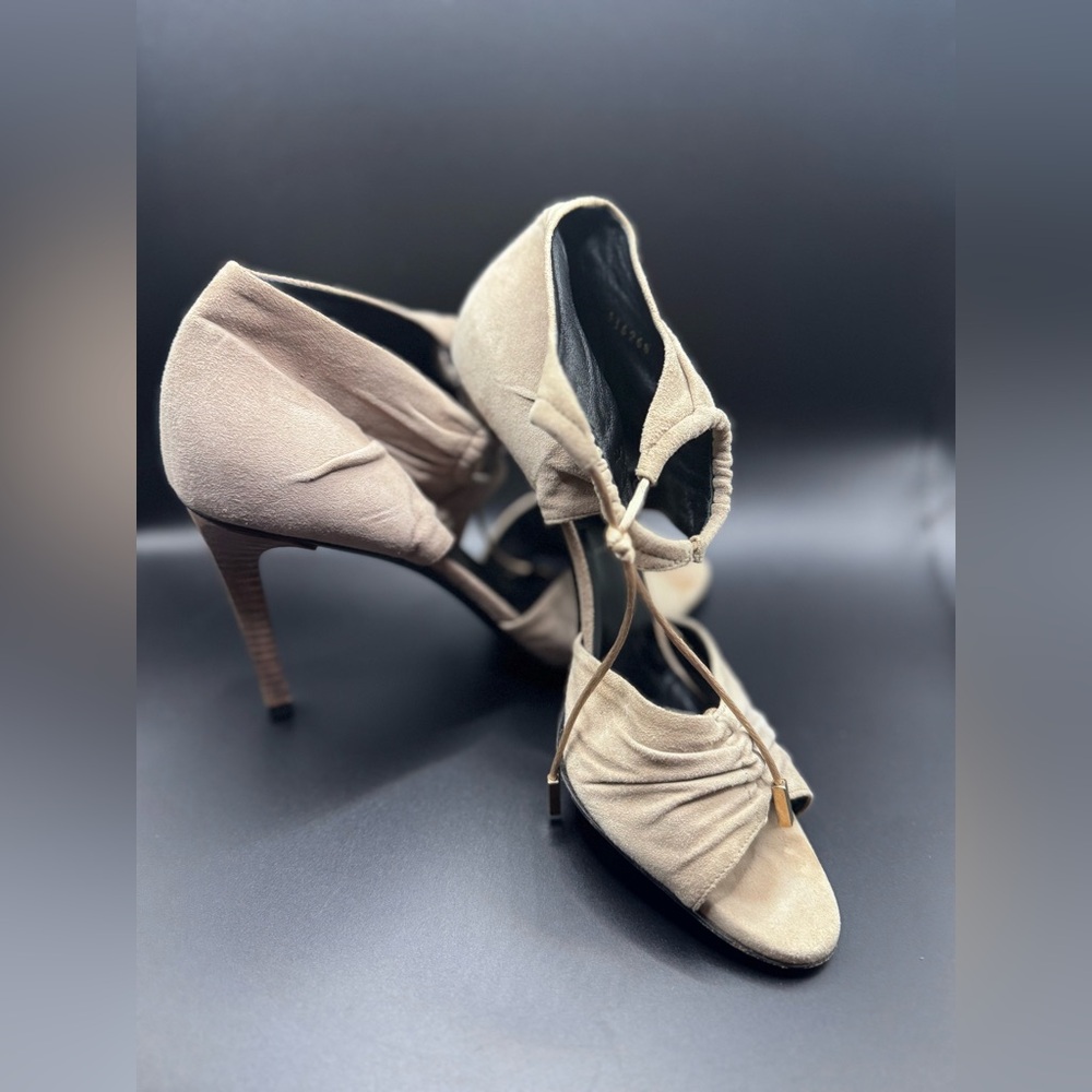 Gucci suede ankle tie heels in a soft taupe/beige neutral.